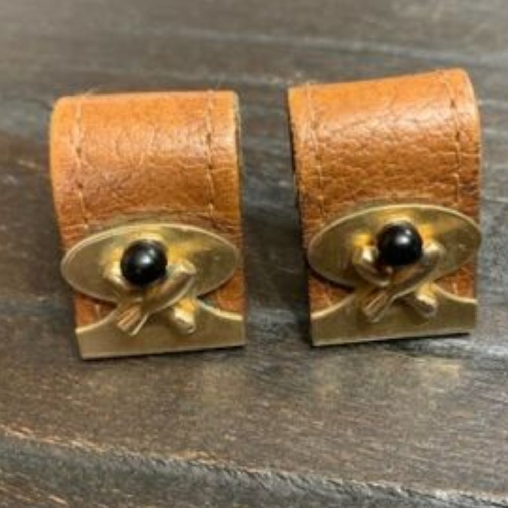 Vintage Leather Bowling Cufflinks Gold Tone